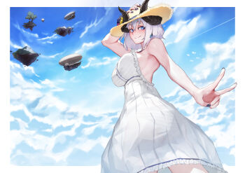 1girl aircraft armpit_crease bird black_horns blue_eyes blue_nails blue_sky blue_trim bluecup border breasts closed_mouth cloud cloudy_sky commentary contrail crystal_earrings dirigible dress earrings english_commentary evie_(bluecup) floating_island flower frilled_dress frills giant giantess hand_on_headwear hat hat_flower highres horns hot_air_balloon jewelry large_breasts light_blush looking_at_viewer looking_back medium_hair mountain original outside_border panties see-through_clothes see-through_dress sideboob sky smile solo straw_hat striped_clothes striped_panties thighs tree underwear v white_border white_dress white_hair
