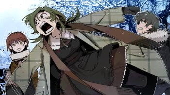 Rule 34 | 1boy, 2girls, angry, apron, asya shubina, black apron, black gloves, black hair, black jacket, blue background, brown dress, brown hair, brown scarf, clenched teeth, coat, dress, dutch angle, fur-trimmed jacket, fur trim, game cg, gloves, green hair, green jacket, grin, jacket, looking at viewer, low ponytail, marina kaplan, medium hair, multiple girls, non-web source, nopanamaman, official art, open clothes, open coat, open mouth, outdoors, photo background, pimple, plaid clothes, plaid jacket, ponytail, scarf, school uniform, screaming, self-datamine, short hair, smile, snowing, soviet school uniform, teeth, throwing, vadim garin, white scarf, z.a.t.o. // i love the world and everything in it