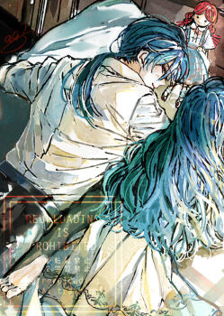 1boy 1girl akuma_shitsuji_to_kuroi_neko back bed_sheet belt black_belt black_pants blue_hair brother_and_sister closed_mouth collared_shirt commentary doll double-parted_bangs dress from_above from_behind hair_between_eyes haures_clifford indoors long_dress long_sleeves looking_at_viewer looking_back low_ponytail lying nonoko_(meg36544) on_bed on_stomach pale_skin pants ponytail red_eyes shirt siblings signature smile symbol-only_commentary tricia_clifford watermark wavy_hair white_dress white_shirt