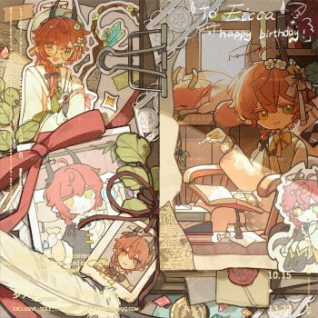 1boy ahoge animal aqua_hat beret black_bow black_bowtie blush book book_stack bookshelf bow bowtie braid brooch brown_horns chess_piece closed_mouth commission dot_nose flower frills glasses green_eyes hair_between_eyes hair_flower hair_ornament hair_over_shoulder halo halo_around_horn happy happy_birthday hat hat_bow heterochromia highres holding holding_chess_piece horns jacket jewelry leaf long_hair long_sleeves looking_at_viewer male_focus mihuashi_commission multiple_views open_mouth original photo_(object) plant rainbow red_bow red_flower red_hair red_rose rose screentones semi-rimless_eyewear shelf smile square sticker sui_jiu_sheng sunlight watermark white_flower window yellow_bow yellow_bowtie yellow_eyes