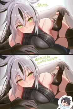 Rule 34 | 0nineo9, 1boy, 1girl, absurdres, bare shoulders, bed sheet, black hair, blush, breasts, commentary, commission, english commentary, english text, fate/grand order, fate (series), fujimaru ritsuka (male), green eyes, hair between eyes, high ponytail, highres, large breasts, long hair, looking at viewer, lying, multicolored hair, multiple views, nagao kagetora (fate), ponytail, sidelocks, smile, thighs, two-tone hair, uesugi kenshin (first ascension) (fate), very long hair, white hair