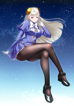 1girl black_bow black_pantyhose black_shoes blue_shirt blue_skirt blush bow bowtie buttons capcom_fighting_jam commentary_request crossed_legs double-breasted dtcy floating_hair footwear_bow gloves gradient_background high_heels highres ingrid_(capcom) invisible_chair long_hair looking_at_viewer miniskirt pantyhose red_eyes shirt shoes sitting skirt smile solo star_(sky) starry_sky_background street_fighter street_fighter_zero_(series) white_bow white_bowtie white_gloves white_hair
