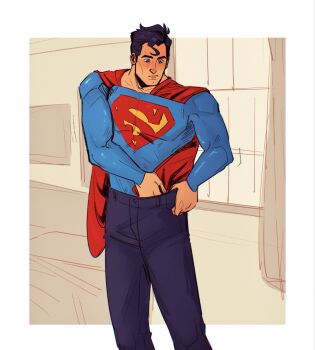 1boy black_hair blue_bodysuit blue_eyes blue_pants bodysuit cape clark_kent closed_mouth commentary dc_comics english_commentary highres long_sleeves looking_down male_focus noodles-and-tea outside_border pants red_cape short_hair sketch_background solo superhero_costume superman superman_(series) superman_logo