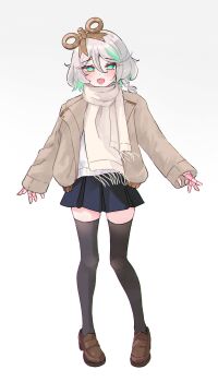 1girl alternate_costume black_thighhighs blue_skirt blush brown_coat brown_shoes cecilia_immergreen coat colored_inner_hair commentary doll_joints english_commentary full_body green_eyes green_hair green_streaks grey_hair hair_between_eyes highres hololive hololive_english joints loafers long_sleeves looking_at_viewer magui3 multicolored_hair open_clothes open_coat open_mouth pleated_skirt scarf shoes short_hair simple_background skirt sleeves_past_wrists smile solo streaked_hair sweater thighhighs virtual_youtuber white_background white_scarf white_sweater winding_key winter_clothes