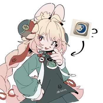 1girl ? ahoge animal_ear_fluff animal_ears arrow_(symbol) braid braided_twintails bright_pupils commentary dice english_commentary finger_to_face furry furry_female green_shirt hand_on_own_hip highres la-ndy long_hair looking_to_the_side medallion open_mouth pink_fur pink_hair pink_tail rabbit_ears rabbit_girl rabbit_tail red_eyes screw shirt short_eyebrows short_tail simple_background solo tail thick_eyebrows upper_body white_background white_pupils zenless_zone_zero zhao_(zenless_zone_zero)