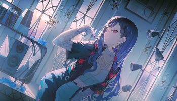 1girl amplifier black_hair black_pants black_shirt blue_flower blue_gemstone building cityscape colorful_palette cropped_shirt earrings floral_print flower flower_necklace frilled_sleeves frills gem high-waist_pants highres indoors jewelry lace lace-trimmed_shirt lace_trim leaning_forward long_hair metronome muntins necklace official_alternate_costume official_art open_clothes open_shirt pants picture_frame project_sekai red_eyes shelf shiraishi_an shirt smile solo speaker swept_bangs the_first_concerto_(project_sekai) third-party_source turtleneck turtleneck_shirt white_pants white_shirt window