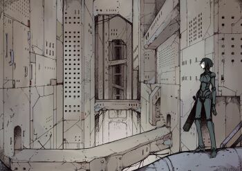 1girl black_hair blame! building commentary dated_commentary full_body graviton_beam_emitter highres industrial_pipe joints mackle megastructure robot robot_joints safeguard_(blame!) sanakan science_fiction short_hair solo standing