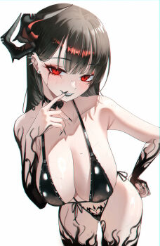 1girl 1im_illus absurdres alternate_costume behemoth_(nikke) bikini black_bikini black_hair black_horns black_lips black_liquid black_nails breasts cleavage collarbone commentary ear_piercing earrings english_commentary fingernails front-tie_bikini_top front-tie_top goddess_of_victory:_nikke grin highres horns jewelry large_breasts liquid_clothes mole mole_on_breast piercing pubic_tattoo red_eyes sharp_fingernails side-tie_bikini_bottom smile solo swimsuit tattoo white_background