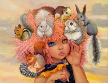 1girl afro blue_eyes camilla_d&#039;errico cloud cloudy_sky dark-skinned_female dark_skin eyelashes heterochromia keyhole_lips lips nose orange_eyes original pink_hair sky solo squirrel thick_lips upper_body