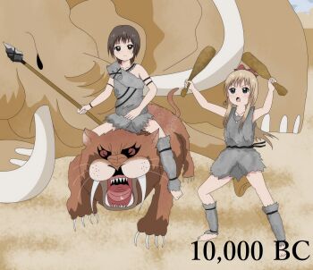 2girls animal artist_request barefoot blonde_hair club_(weapon) dated dual_wielding fangs far_cry far_cry_primal funami_yui highres holding mammoth multiple_girls polearm prehistoric prehistoric_animal spear toshinou_kyouko weapon yuruyuri