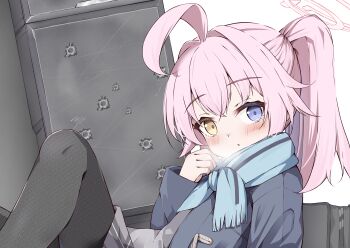 1girl absurdres ahoge black_pantyhose blue_archive blue_eyes blue_scarf halo heterochromia highres hoshino_(blue_archive) kyouwashi long_hair looking_at_viewer pantyhose pink_hair pink_halo pleated_skirt scarf school_uniform skirt solo yellow_eyes