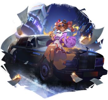 1girl black_boots black_hat boots brown_hair building car crossed_legs drill_hair eyewear_on_head hat highres jewelry kinoko_(kino2435006) looking_at_viewer money motor_vehicle necklace open_clothes sitting smile solo touhou yorigami_jo'on