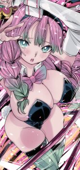 1girl animal_costume blush breasts green_eyes kanroji_mitsuri kimetsu_no_yaiba large_breasts long_hair omochi_db pink_hair rabbit_costume rabbit_ears rabbit_tail