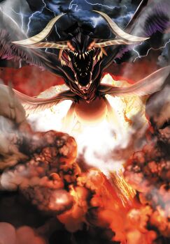 Rule 34 | black wings, cloud, dark cloud, dragon, dragon horns, dust cloud, explosion, extra eyes, feathered wings, fire emblem, fire emblem awakening, flying, glowing, glowing eyes, grima (dragon) (fire emblem), highres, horns, jaw, kozaki yuusuke, lightning, looking at viewer, monster, monster focus, multiple wings, nintendo, no humans, official art, open mouth, outdoors, red eyes, scan, solo, third-party source, thunder, wings