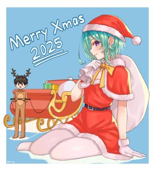 1boy 1girl 2025 absurdres aijou_rentarou animal_costume aqua_hair artist_name bare_arms belt blue_background bow bowtie capelet dress full_body fur-trimmed_capelet fur-trimmed_dress fur-trimmed_headwear fur_trim gloves hair_over_one_eye hat highres jjum_pp kimi_no_koto_ga_dai_dai_dai_dai_daisuki_na_100-nin_no_kanojo looking_at_viewer merry_christmas nakaji_uto pantyhose parted_lips pom_pom_(clothes) purple_eyes red_capelet red_dress red_hat reindeer_costume sack santa_costume santa_dress santa_hat short_hair simple_background sitting sleigh smile solo_focus white_gloves white_pantyhose yellow_bow yellow_bowtie yokozuwari