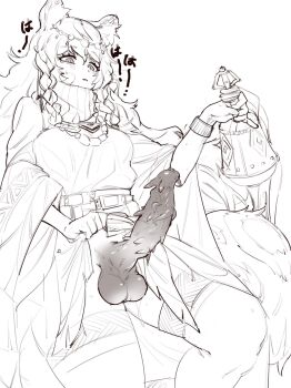 1futa animal_ear_fluff animal_ears arknights artificial_vagina bell braid dress erection futanari greyscale hair_between_eyes highres hitobashira_(1746164306) holding long_hair long_sleeves monochrome parted_lips penis pramanix_(arknights) sex_toy simple_background snow_leopard_ears solo spiked_penis testicles thighhighs uncensored white_background wide_sleeves