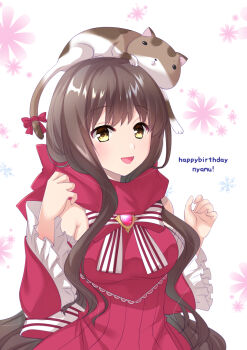 1girl animal animal_on_head blush bow bowtie breasts brooch brown_cat brown_hair cat cat_on_head clothing_cutout commentary_request dress flower frilled_sleeves frills happy_birthday highres jewelry long_hair looking_at_viewer masaya_ichika medium_breasts on_head open_mouth pink_flower ragnarok_masters ragnarok_online red_bow red_bowtie red_dress red_scarf scarf shoulder_cutout smile solo striped_bow striped_bowtie striped_clothes upper_body very_long_hair white_background white_bow white_bowtie yellow_eyes