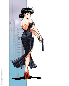 1girl backless_dress backless_outfit bare_back black_dress brown_eyes building city dress expressionless gun high_heels highres looking_back original raul_trevino red_shoes shadow shoes short_twintails skyscraper solo suppressor twintails watermark weapon web_address