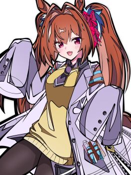 1girl agnes_tachyon_(tach-nology)_(umamusume) agnes_tachyon_(umamusume) agnes_tachyon_(umamusume)_(cosplay) animal_ears black_necktie black_pantyhose blush breasts brown_hair coat cork cosplay daiwa_scarlet_(umamusume) fang hair_between_eyes hair_intakes hashtag-only_commentary highres horse_ears horse_girl horse_tail kikkasoon lab_coat long_hair long_sleeves looking_at_viewer necktie open_mouth pantyhose red_eyes shirt short_necktie simple_background skin_fang sleeves_past_fingers sleeves_past_wrists smile solo sweater sweater_vest tail test_tube twintails umamusume very_long_hair white_background white_coat yellow_sweater yellow_sweater_vest