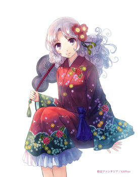 1girl bad_id bad_pixiv_id blush brown_eyes female_focus flower hair_ornament japanese_clothes kimono long_hair original silver_hair smile solo wavy_hair yakka