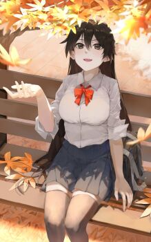 1girl :d alternate_costume autumn autumn_leaves bag bambietta_basterbine black_hair black_skirt black_thighhighs bleach bleach:_sennen_kessen-hen bow bowtie breasts brown_eyes commentary deadman70232800 english_commentary falling_leaves feet_out_of_frame hair_between_eyes hand_up highres karakura_high_school_uniform large_breasts leaf long_hair maple_leaf miniskirt on_bench open_mouth pleated_skirt quincy_(bleach) red_bow red_bowtie school_bag school_uniform shirt sitting skirt smile socks solo teeth thighhighs upper_teeth_only very_long_hair white_shirt zettai_ryouiki