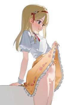 1girl absurdres black_desert_online blonde_hair blue_eyes cleft_of_venus clothes_lift commentary_request commission cowboy_shot cross_tie expressionless eyewear_strap floral_print flower frilled_skirt frills from_side glasses hair_flower hair_ornament hairband highres korean_commentary lifting_own_clothes long_hair navel no_panties original puffy_short_sleeves puffy_sleeves pussy red_cross_tie red_hairband round_eyewear shai_(black_desert) shirt shirt_tucked_in short_sleeves simple_background skirt skirt_lift solo sway_back uncensored white_background white_shirt white_wrist_cuffs wrist_cuffs yellow-framed_eyewear yellow_skirt yunjuice