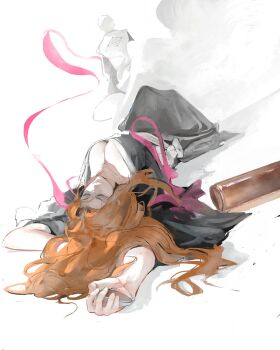 1boy 1girl absurdres back black_kimono bleach breasts cleavage closed_eyes closed_mouth haori highres ichimaru_gin japanese_clothes kanji_(nievart) kimono large_breasts long_hair lying matsumoto_rangiku on_back orange_hair taichou_haori white_hair