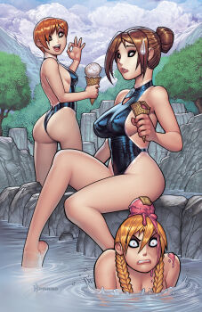 3girls angry artist_name ass black_one-piece_swimsuit blonde_hair braid breasts brown_hair character_request decapre food food_on_head hair_bun highres ice_cream ice_cream_cone juli_(street_fighter) juni_(street_fighter) large_breasts long_hair medium_breasts multiple_girls object_on_head one-piece_swimsuit open_mouth outdoors partially_submerged rock ryan_kinnaird shiny_swimsuit short_hair sideboob single_hair_bun sitting smile soaking_feet street_fighter sweatdrop swimsuit tree twin_braids waffle_cone