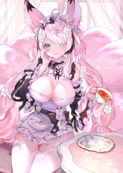 1girl absurdres ahoge animal_ears apron black_dress blue_eyes blush breasts cleavage closed_mouth commentary commission cup dress english_commentary fang flower fox_ears fox_girl fox_tail frilled_apron frills hair_flower hair_ornament hand_on_own_cheek hand_on_own_face highres holding holding_cup indie_virtual_youtuber kitsune large_breasts long_hair long_sleeves looking_at_viewer maid maid_headdress mole mole_on_breast mole_under_eye multiple_tails mumi_hime_(vtuber) parted_bangs pink_hair plate short_dress sitting skeb_commission skin_fang smile solo spilling spoon tail teacup thighhighs upper_body virtual_youtuber watermark white_apron white_thighhighs xxcaaan