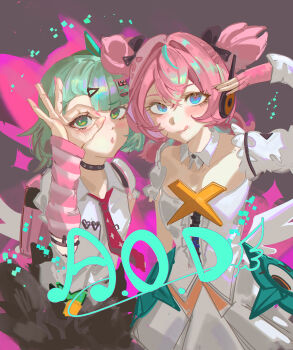 Rule 34 | 2girls, absurdres, angels of delusion, aniol art, aqua streaks, aria (human) (zenless zone zero), aria (zenless zone zero), arm warmers, bag, blue eyes, blush, commentary request, dress, fingerless gloves, fur-trimmed skirt, fur trim, gloves, green eyes, green hair, hair ornament, hairpin, hand on own face, hand over eye, hand up, heart, highres, looking at another, looking at viewer, multicolored hair, multiple girls, multiple hairclips, necktie, pink arm warmers, pink bag, pink hair, red necktie, shirt, skirt, streaked hair, striped arm warmers, sunna (zenless zone zero), tongue, tongue out, upper body, white dress, white shirt, white wings, winged bag, wings, zenless zone zero