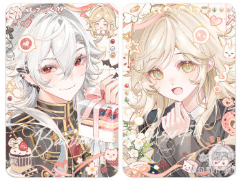 1boy 1girl :d black_shirt blonde_hair blue_necktie border closed_mouth cupcake double-parted_bangs food hair_between_eyes hand_up heart long_hair long_sleeves looking_at_viewer mihuashi_username necktie open_mouth original portrait red_eyes red_necktie shirt short_hair smile spoken_heart spoken_sparkle watermark white_border white_hair xun_xun_xiaolongbao yellow_eyes