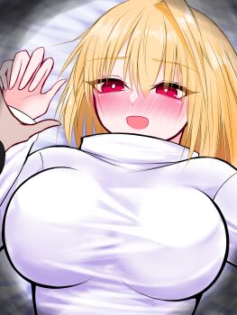 Rule 34 | 1boy, 1girl, absurdres, arcueid brunestud, blonde hair, blush, breasts, commentary request, highres, large breasts, long sleeves, looking at viewer, lying, mcpc zamurai, on back, open mouth, red eyes, short hair, smile, solo focus, sweater, tsukihime, turtleneck, turtleneck sweater, white sweater