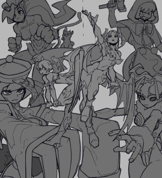 6+girls absurdres animal_ears animal_print arm_up b.b._hood bat_print bone_nigi breasts cat cat_ears cat_girl cat_tail character_request check_character cleavage closed_mouth commentary_request darkstalkers felicia_(darkstalkers) greyscale grin gun hat highres holding holding_gun holding_weapon hsien-ko jiangshi large_breasts leotard lilith_(darkstalkers) long_sleeves monochrome morrigan_aensland multiple_girls outstretched_arms pantyhose q-bee short_hair small_breasts smile tail teeth weapon zombie_pose