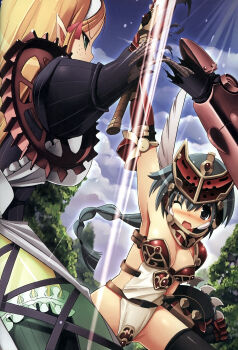 10s 2girls absurdres breasts cleavage highres mirim multiple_girls queen&#039;s_blade queen&#039;s_blade_rebellion sword thighhighs tsurugi_hagane vingt weapon