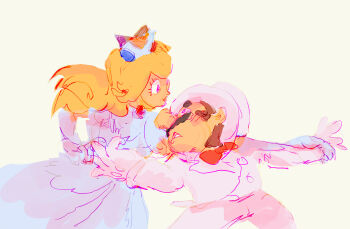 Rule 34 | 1boy, 1girl, absurdres, big nose, blazer, blonde hair, blue eyes, bow, bowtie, brown hair, buttons, collared dress, collared jacket, commentary, cowboy shot, crown, dress, dress pants, earrings, elbow gloves, english commentary, eyelashes, facial hair, floating hair, flustered, formal clothes, frilled dress, frills, frown, gloves, groom, hand grab, hat, hetero, highres, holding another's wrist, jacket, jason lupas, jewelry, lapels, lipstick, long dress, long hair, long sleeves, looking at another, lower teeth only, makeup, mario, mario (series), mario (tuxedo), mini crown, mustache, nintendo, notched lapels, official alternate color, open mouth, pants, pointy nose, princess peach, puffy short sleeves, puffy sleeves, red bow, red bowtie, red lips, short sleeves, simple background, sleeve cuffs, smile, sphere earrings, suit, super mario odyssey, super smash bros., tareme, teeth, thick eyebrows, top hat, traditional bowtie, white crown, white dress, white gloves, white hat, white jacket, white pants, white suit, yellow background