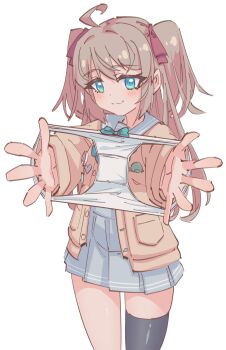 1girl :3 absurdres ahoge badge black_thighhighs blue_eyes blush bow bow_panties bowtie brown_cardigan button_badge cardigan chinese_commentary commentary english_commentary green_bow green_bowtie grey_sailor_collar grey_skirt hair_ribbon heart highres holding holding_unworn_clothes holding_panties holding_underwear holding_unworn_clothes indie_virtual_youtuber light_brown_hair long_hair long_sleeves looking_at_viewer mixed-language_commentary neuro-sama open_cardigan open_clothes outstretched_arms panties pleated_skirt presenting_removed_panties reaching reaching_towards_viewer red_ribbon ribbon rune_(dualhart) sailor_collar school_uniform serafuku single_thighhigh skirt smile thighhighs transparent_background two_side_up underwear unworn_panties virtual_youtuber white_panties white_serafuku