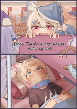 3girls absurdres bed brown_hair bunk_bed cone_of_shame fuwawa_abyssgard highres holoadvent hololive hololive_english inugami_korone koseki_bijou long_hair mococo_abyssgard multiple_girls siblings sisters virtual_youtuber