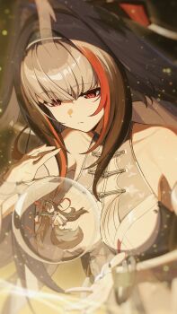 1girl bare_shoulders brown_hair closed_mouth crystal_ball detached_sleeves dress dual_persona grey_hair highres long_sleeves looking_at_object multicolored_hair official_art red_eyes red_hair streaked_hair upper_body white_dress ye_shunguang zenless_zone_zero