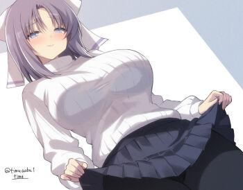 1girl black_pantyhose black_skirt blue_bra blue_eyes blush bow bra bra_visible_through_clothes breasts chimunge closed_mouth dutch_angle grey_background grey_hair hair_bow large_breasts looking_at_viewer pantyhose parted_bangs ribbed_sweater senran_kagura senran_kagura_burst senran_kagura_burst_re:newal senran_kagura_estival_versus senran_kagura_shinovi_versus sidelocks simple_background skirt smile solo standing sweater turtleneck turtleneck_sweater twitter_username two-tone_background underwear white_background white_bow white_sweater yumi_(senran_kagura)