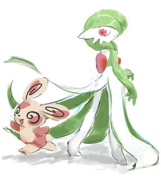 bob_cut colored_skin dress gardevoir gen_3_pokemon green_hair green_skin hair_over_one_eye multicolored_skin nintendo pero_(sabuaka_bacon) pink_eyes pokemon pokemon_(creature) simple_background spinda two-tone_skin white_background white_dress white_skin