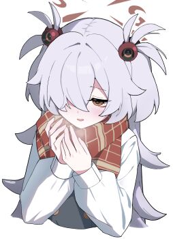 1girl absurdres blue_archive breasts brown_eyes brown_halo commentary grey_hair grey_vest hair_over_one_eye halo highres kanoe_(blue_archive) long_hair one_eye_covered shirt simple_background small_breasts solo user_xxjh7378 vest white_background white_shirt