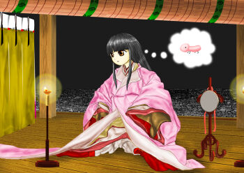 1girl black_hair candlelight commentary_request hime_cut houraisan_kaguya japanese_clothes kams kimono layered_kimono mirror pink_kimono sitting speech_bubble thought_bubble touhou wide_sleeves yellow_eyes