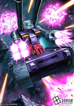 amasaki_yusuke asteroid battle cannon debris earth_federation firing gundam guntank mecha mecha_focus mobile_suit_gundam no_humans official_art robot science_fiction space