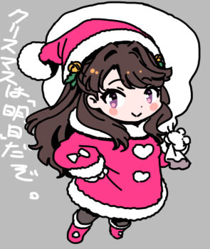 1girl :> black_pantyhose blush_stickers boots brown_hair chibi chibi_only closed_mouth commentary dress fujishima_megumi full_body fur-trimmed_boots fur-trimmed_dress fur-trimmed_headwear fur_trim grey_background hat holding holding_sack link!_like!_love_live! looking_at_viewer love_live! pantyhose pink_boots pink_dress pink_hat pink_santa_costume purple_eyes sack sack_behind_back santa_costume santa_dress santa_hat shinanoya_(satanicad) smile solo translation_request two_side_up virtual_youtuber