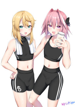 2boys astolfo_(fate) black_bow black_shorts black_tank_top blonde_hair blush bow braid bridget_(guilty_gear) bulge collarbone commentary_request fate/grand_order fate_(series) green_eyes guilty_gear hair_between_eyes hair_bow hair_intakes highres kitajima_yuuki long_hair looking_at_viewer male_focus midriff multicolored_hair multiple_boys navel open_mouth partial_commentary pink_hair purple_eyes shorts simple_background single_braid streaked_hair striped_clothes striped_shorts sweatdrop tank_top towel towel_around_neck trap vertical-striped_clothes vertical-striped_shorts white_background