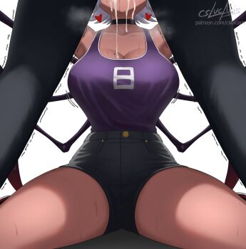 Rule 34 | 1boy, 1girl, 8 (number), arms up, arthropod girl, arthropod limbs, bare shoulders, birthmark, black pants, black shorts, breasts, commentary, crop top, cslucaris, cum, cum in mouth, cum on body, cum on breasts, cum on upper body, cumdrip, dark-skinned female, dark skin, english commentary, from below, heart, heavy breathing, highres, insect girl, kneeling, large breasts, legs apart, lucille (cslucaris), original, pants, purple shirt, shirt, short shorts, shorts, spider girl, standing