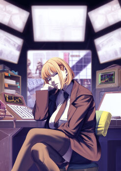 1girl absurdres black_coat black_necktie blonde_hair breasts brown_thighhighs chair coat collared_shirt crossed_legs gloves half_gloves hand_on_own_cheek hand_on_own_face highres large_breasts looking_to_the_side necktie original papers phone screen shirt short_hair sidelocks sitting sticky_note switch thighhighs white_shirt whiteboard zuoteng_lucha
