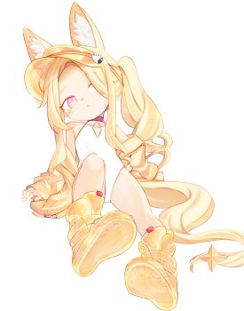 1girl above-cleavage_cutout animal_ear_fluff animal_ears bare_legs bare_shoulders blonde_hair blue_archive blush chaosexceed closed_mouth clothing_cutout covered_navel diamond_cutout feet flat_chest fox_ears fox_girl fox_tail hair_over_one_eye highleg highleg_one-piece_swimsuit highres jacket loli long_hair long_sleeves looking_at_viewer no_eyewear no_halo off_shoulder official_alternate_costume one-piece_swimsuit pink_eyes see-through_clothes see-through_footwear seia_(blue_archive) seia_(swimsuit)_(blue_archive) shoes side_ponytail simple_background sleeves_past_wrists soles solo swimsuit tail tail_ornament thighs toes very_long_hair very_long_tail visor_cap white_background white_one-piece_swimsuit yellow_jacket yellow_shoes yellow_visor