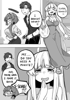 1girl 2girls bag belt blue_archive blush breasts cleavage clothed_after_sex collared_shirt dress greyscale halo highres holding holding_bag large_breasts long_hair mabufuyo monochrome multiple_girls nervous_smile nervous_sweating noa_(blue_archive) sandals sensei_(blue_archive) shirt side_ponytail sleeveless sleeveless_dress smile speech_bubble sweat thumbs_up very_long_hair yuuka_(blue_archive)