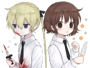 2girls back-to-back black_eyes blonde_hair blood blood_on_clothes blood_on_face bloody_knife bloody_weapon brown_eyes brown_hair collared_shirt commentary_request empty_eyes expressionless hair_ribbon highres holding holding_knife holding_weapon kill_me_baby killmint knife long_hair long_sleeves looking_at_viewer looking_to_the_side multiple_girls necktie oribe_yasuna ribbon shirt short_hair sonya_(kill_me_baby) star_(symbol) tearing_up toy_knife twintails weapon